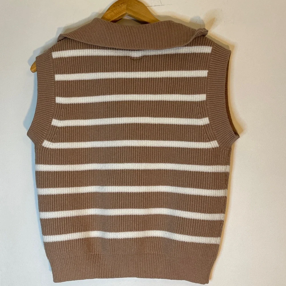 Rain & Rose oversized collar short sleeve striped zip up sweater medium - Picture 5 of 7